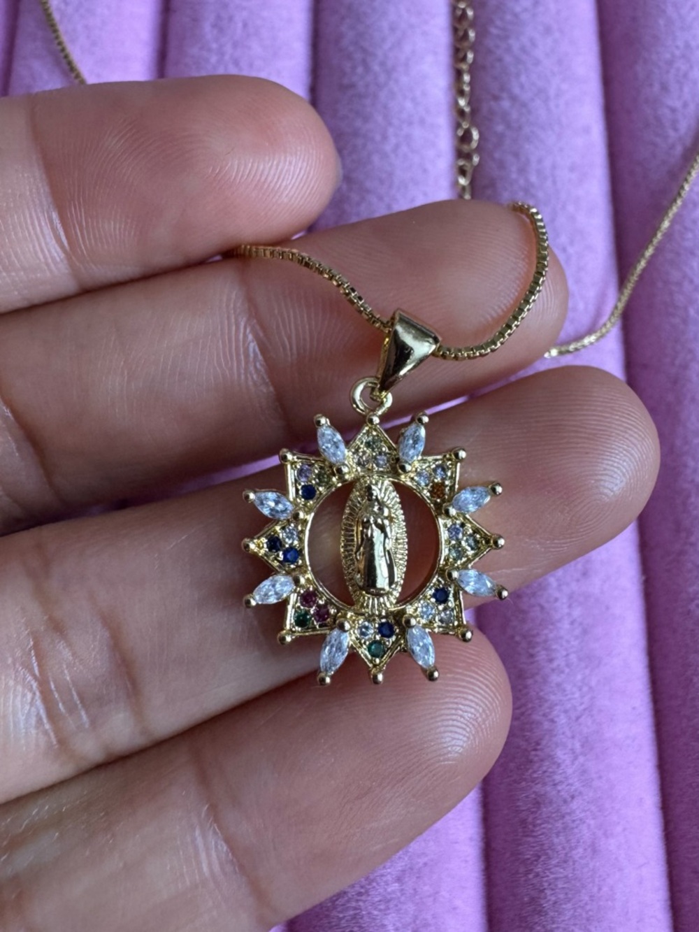 Gold-Tone Virgin Mary Sunburst Pendant Necklace with Multicolor Stones